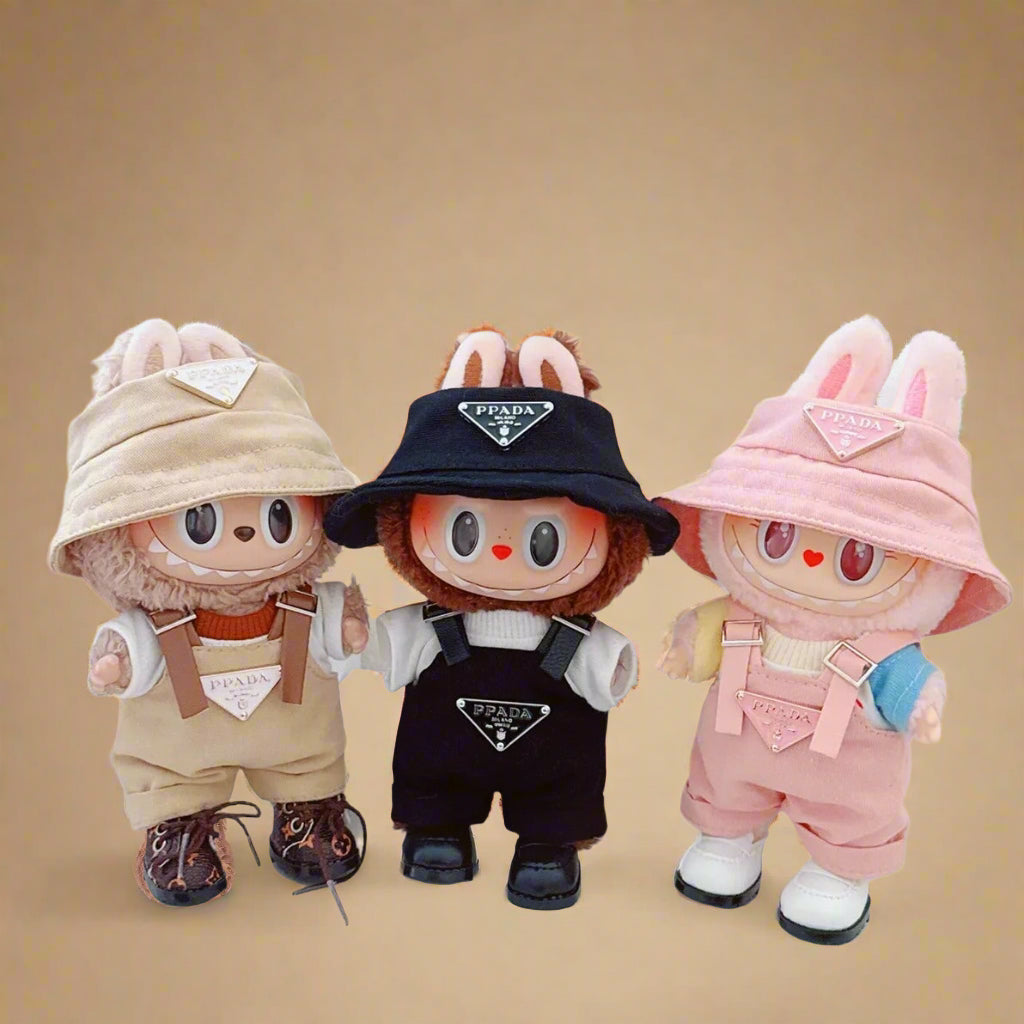 Stylish Outfit Set for Labubu Figure – Bucket Hat & Overalls